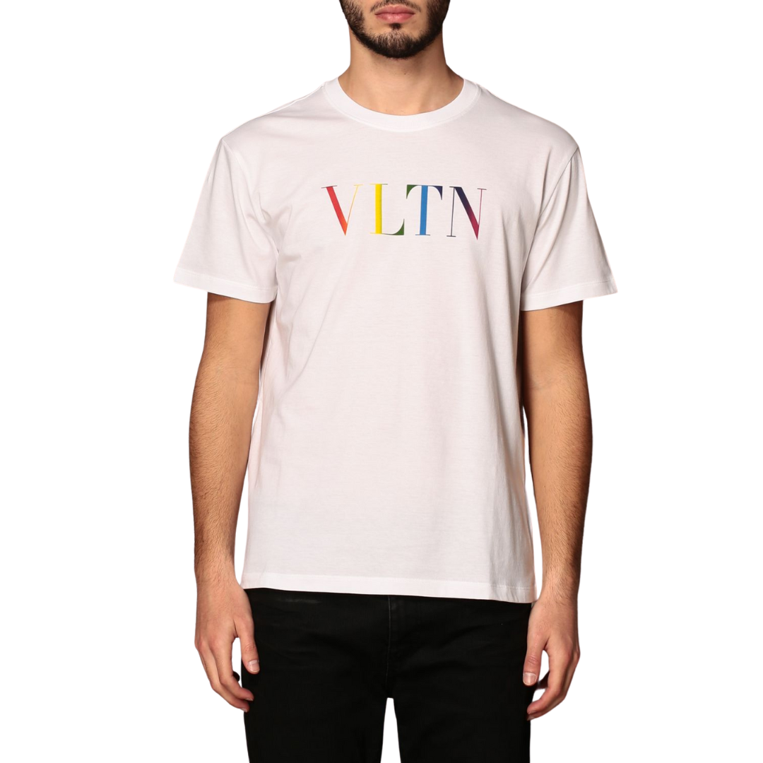 Valentino Men's White T-shirt with Multicolor VLTN logo