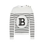 Pullover BALMAIN Uomo a righe bianche e nere in cotone, stampa del monogramma Balmain