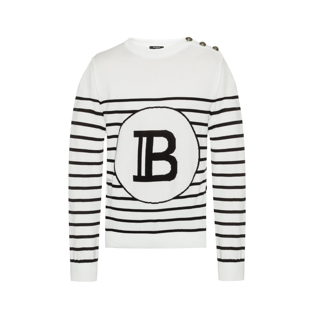 Pullover BALMAIN Uomo a righe bianche e nere in cotone, stampa del monogramma Balmain